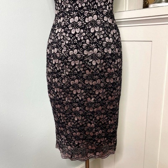 Tahari Black & Rose Gold Lace V Neck Sheath Dress 2 XS - Picture 8 of 11